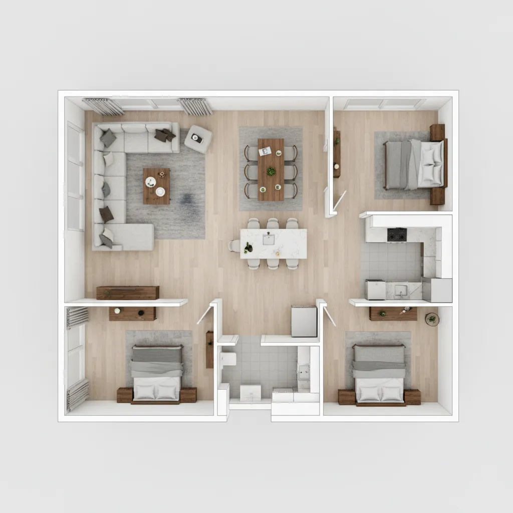 Interior design drawing of three bedroom house with large grey sofa dining table and kitchen