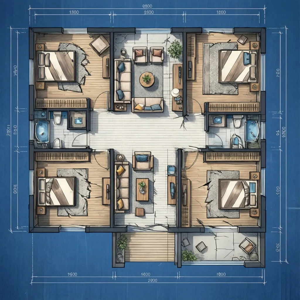 Plano arquitectónico mostrando la distribución de una casa con porche frontal