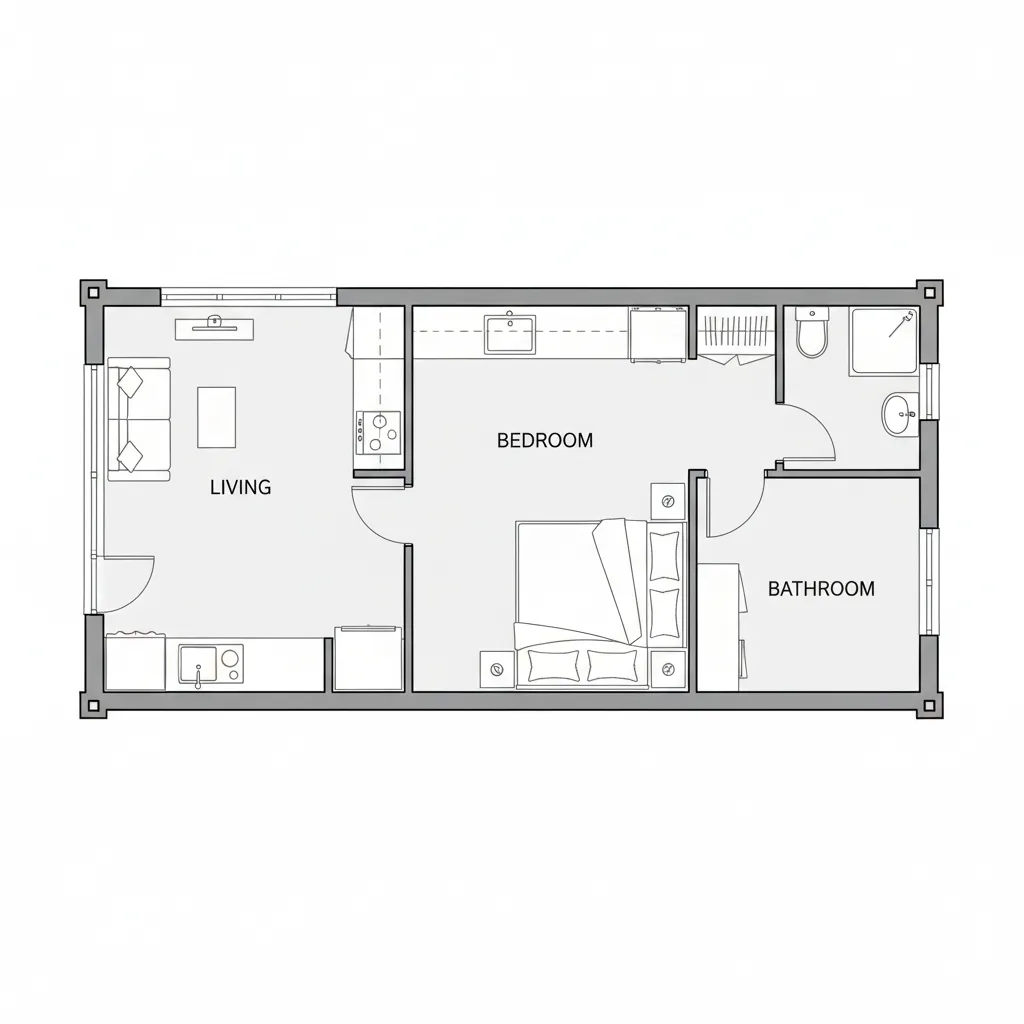 Plano de distribución de una casa contenedor de 30 metros cuadrados