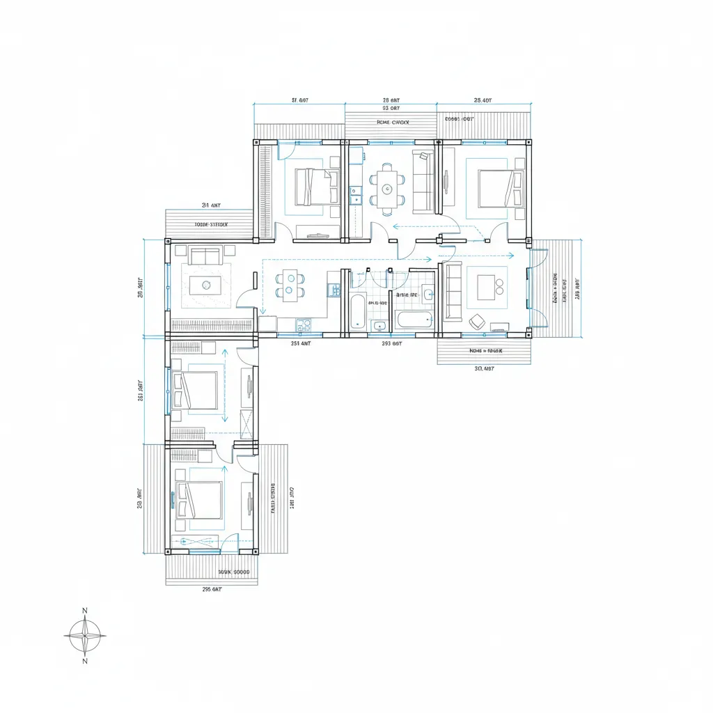 Modular container home 2D floor plan showing four bedrooms and a central kitchen living area