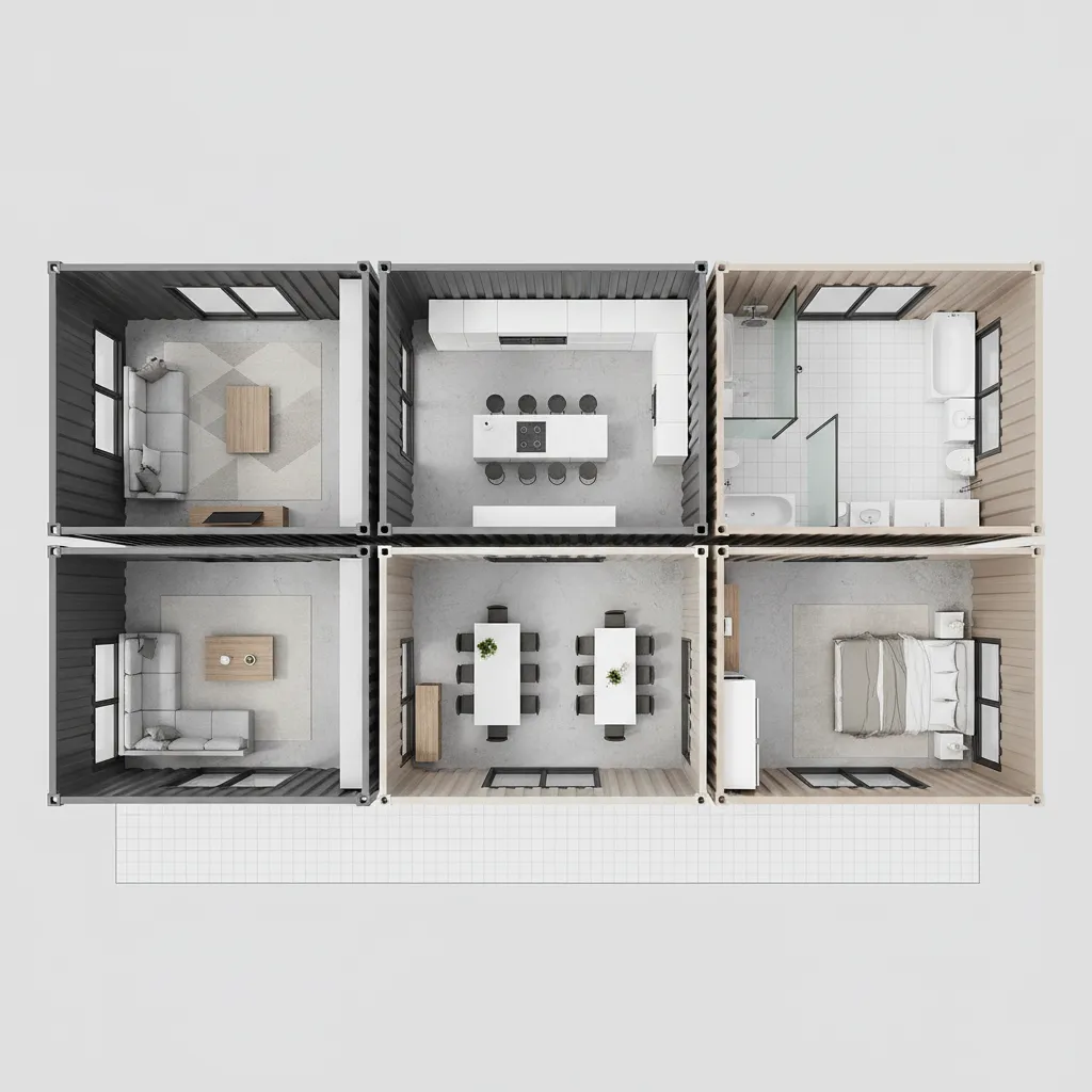 Plano de distribución modular para casa hecha con contenedores