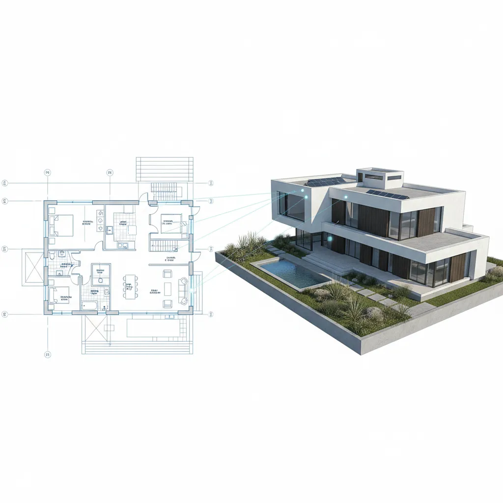 plano arquitectónico transformándose en modelo 3D de una vivienda