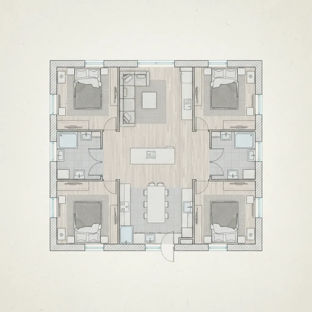 Plano arquitectónico de una casa cuadrada de 100 metros cuadrados
