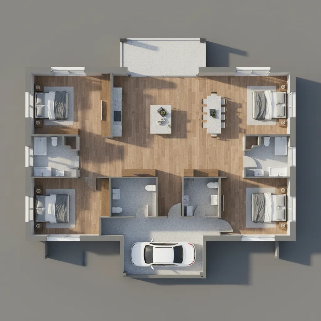 Plano arquitectónico mostrando la distribución de cuatro dormitorios en una vivienda