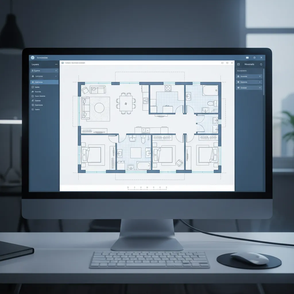 plano digital de vivienda con varias habitaciones en software de diseño