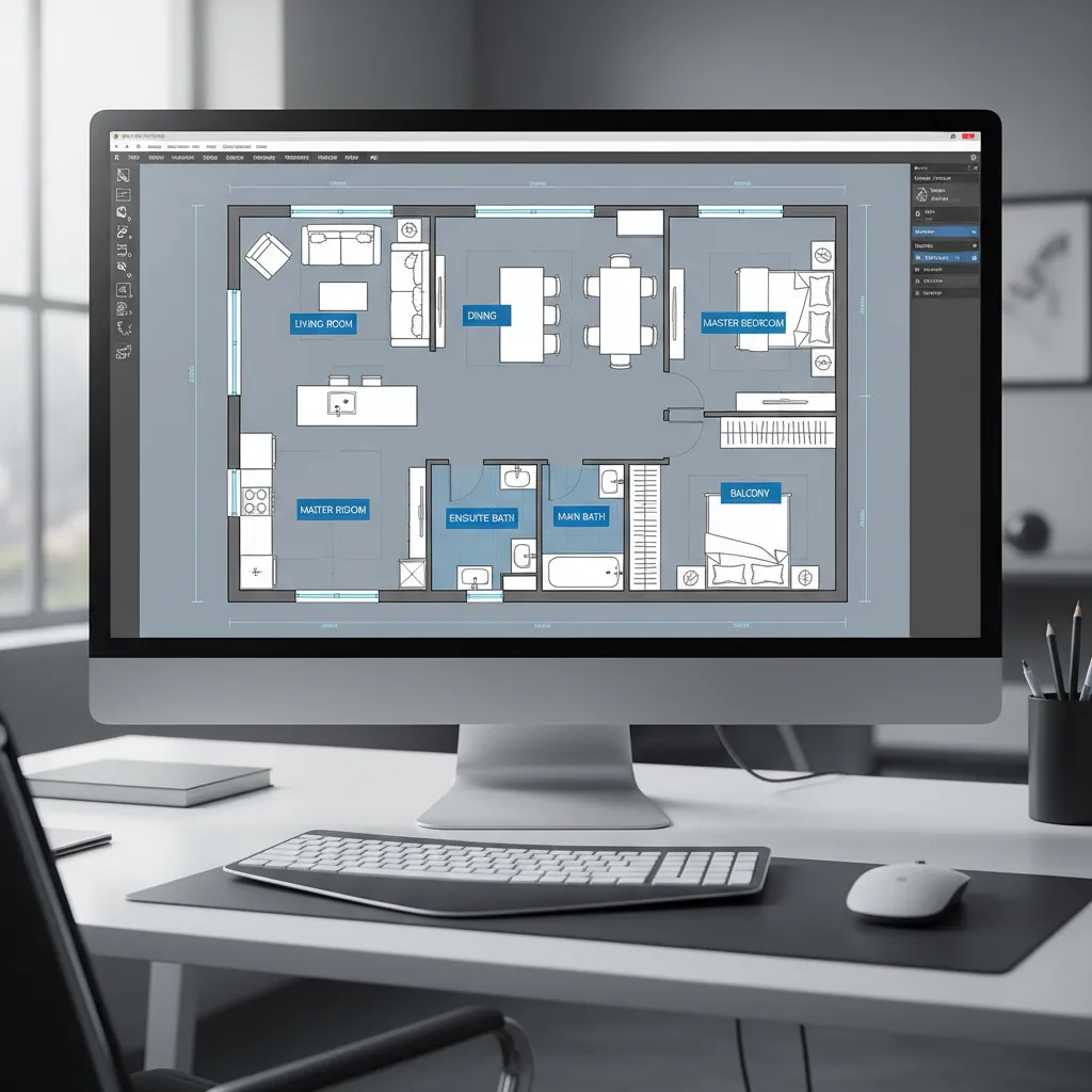 Plano digital de una casa con habitaciones marcadas