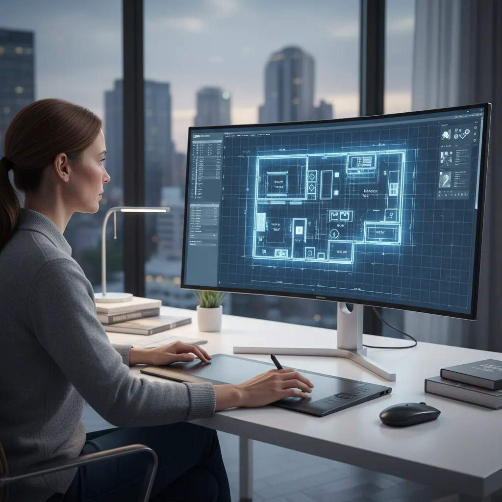 Plano digital de una casa en una pantalla de ordenador con herramientas de diseño