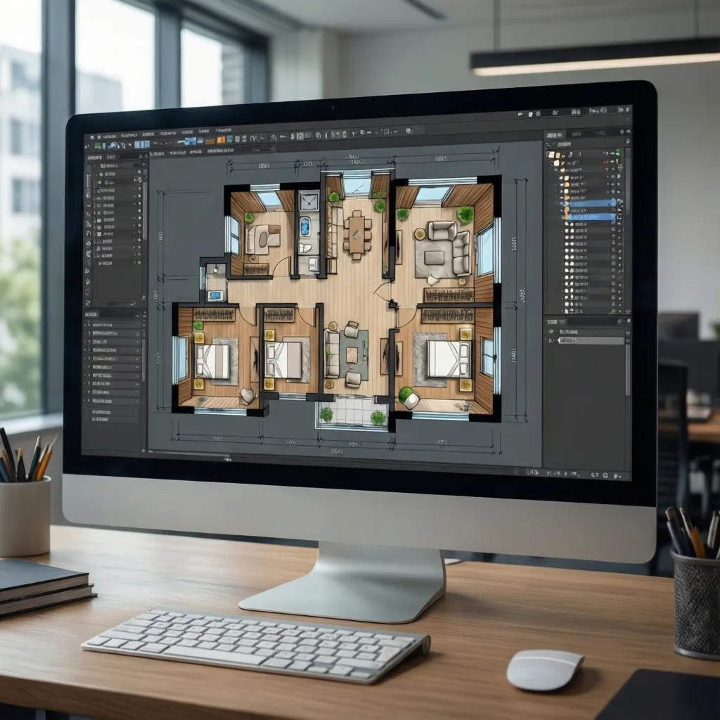 Computer monitor on a wooden desk displaying a detailed colorful two bedroom apartment floor plan layout