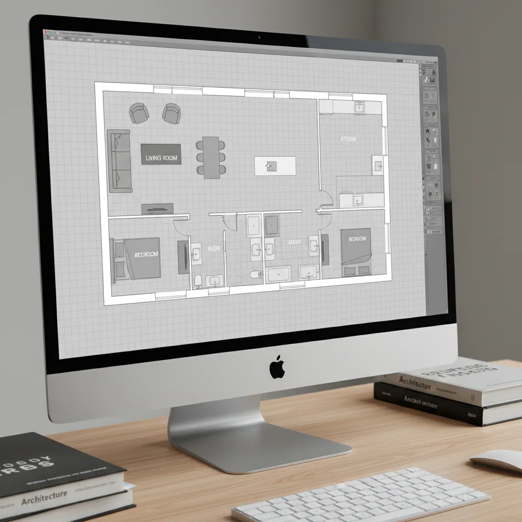 Computer screen showing a 2D floor plan with living room bedroom kitchen and bathroom layout