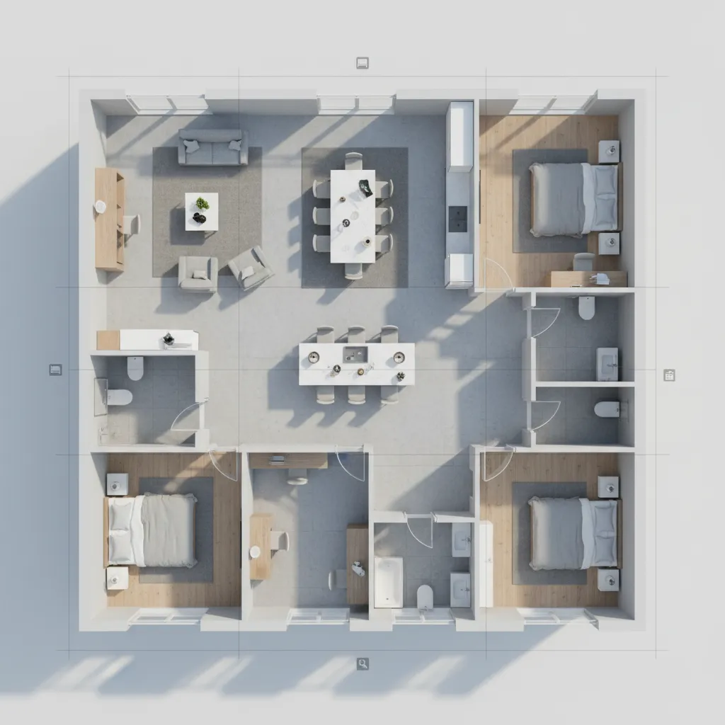 Top view of three bedroom apartment floor plan with living room dining area and open kitchen