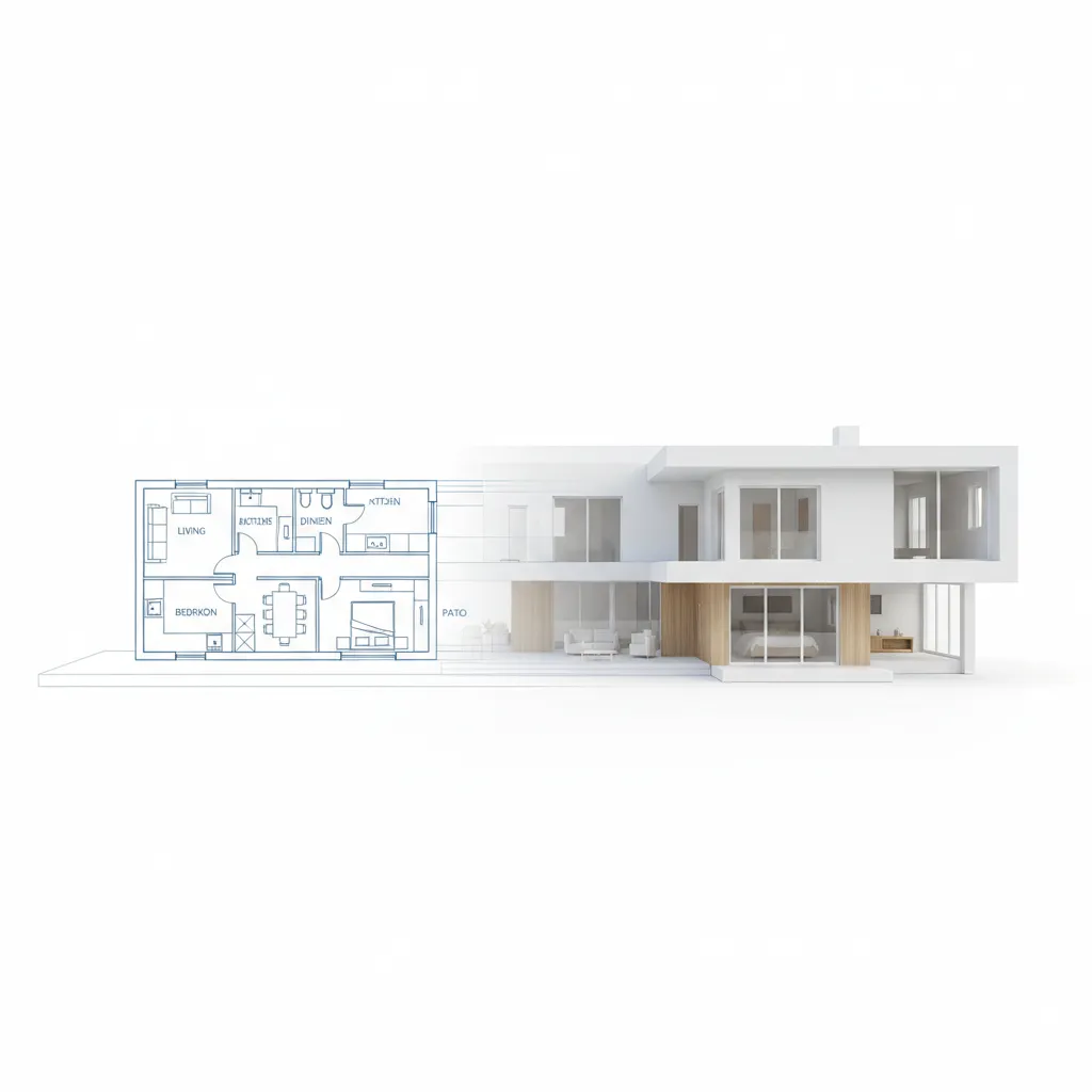Blue floor plan transitioning into a white interior design drawing showing simple house room layout