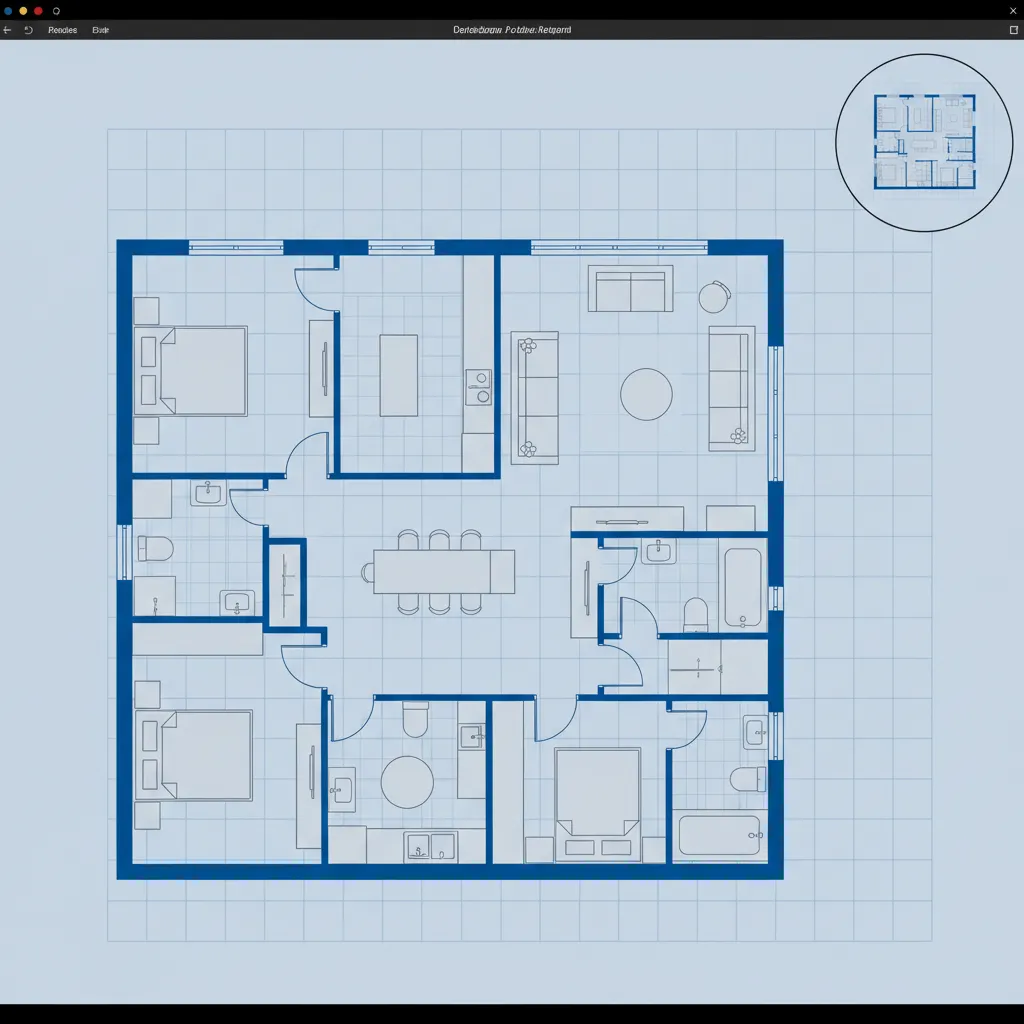 Plano digital de una casa con distribución de habitaciones en software de diseño