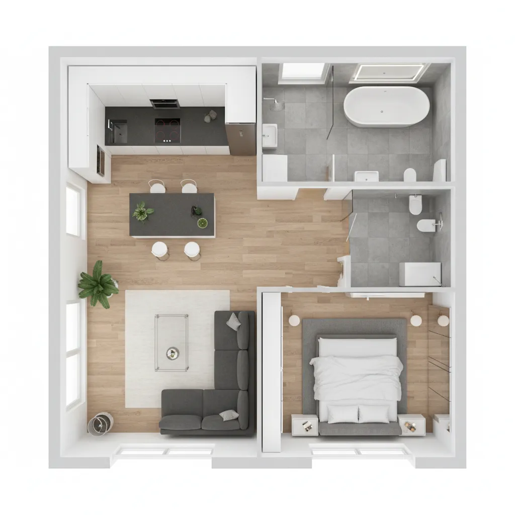 Top view 3D floor plan showing an apartment with bedroom bathroom kitchen and modern furniture