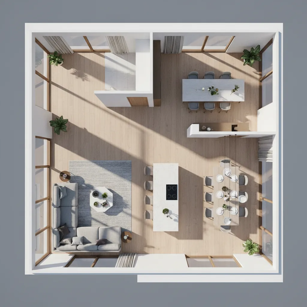 Plano 3D de casa con diseño abierto entre cocina y sala