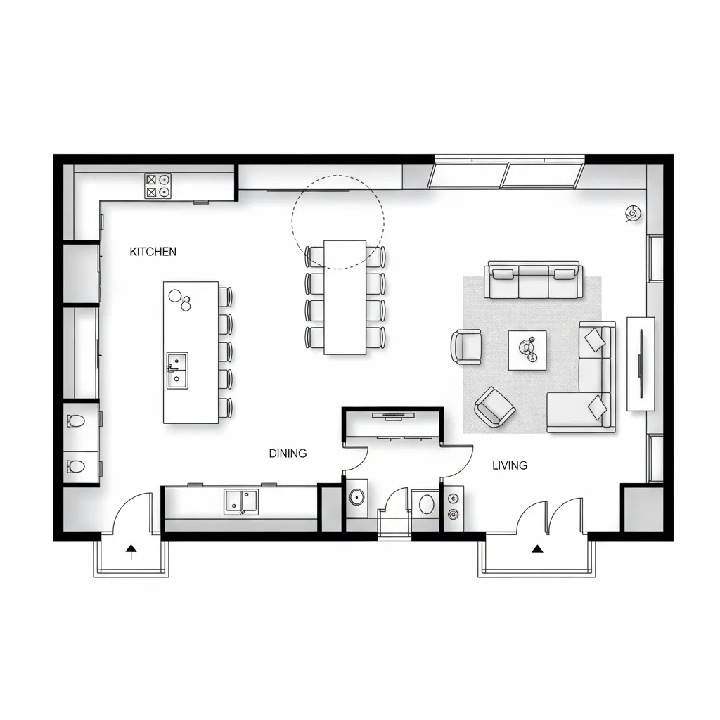 Modern 2D floor plan design showing an open kitchen dining area and a living room