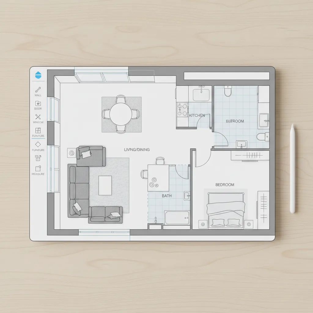 Plano digital de vivienda con habitaciones y muebles colocados