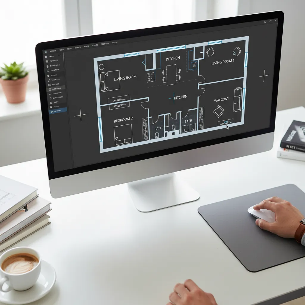 Plano digital de vivienda en pantalla con herramientas de diseño