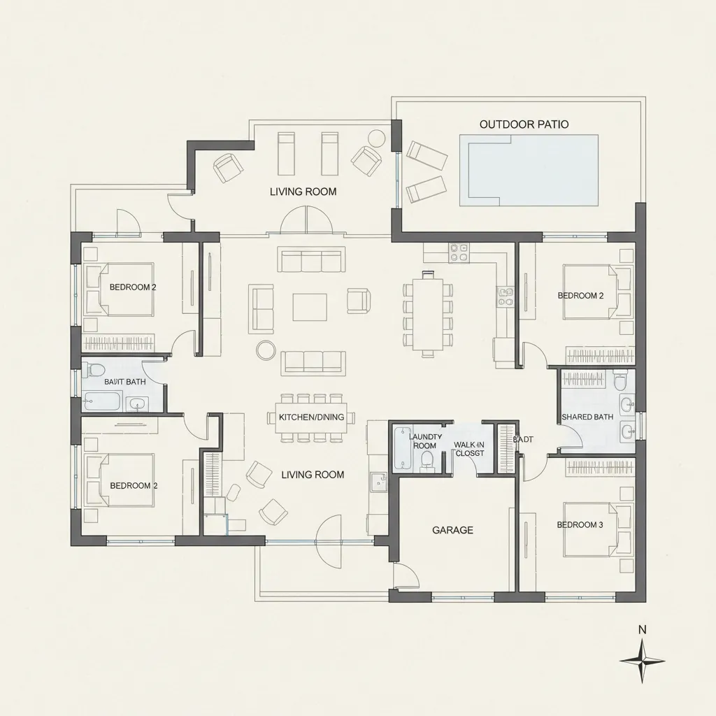 Plano arquitectónico de una vivienda moderna con distribución clara