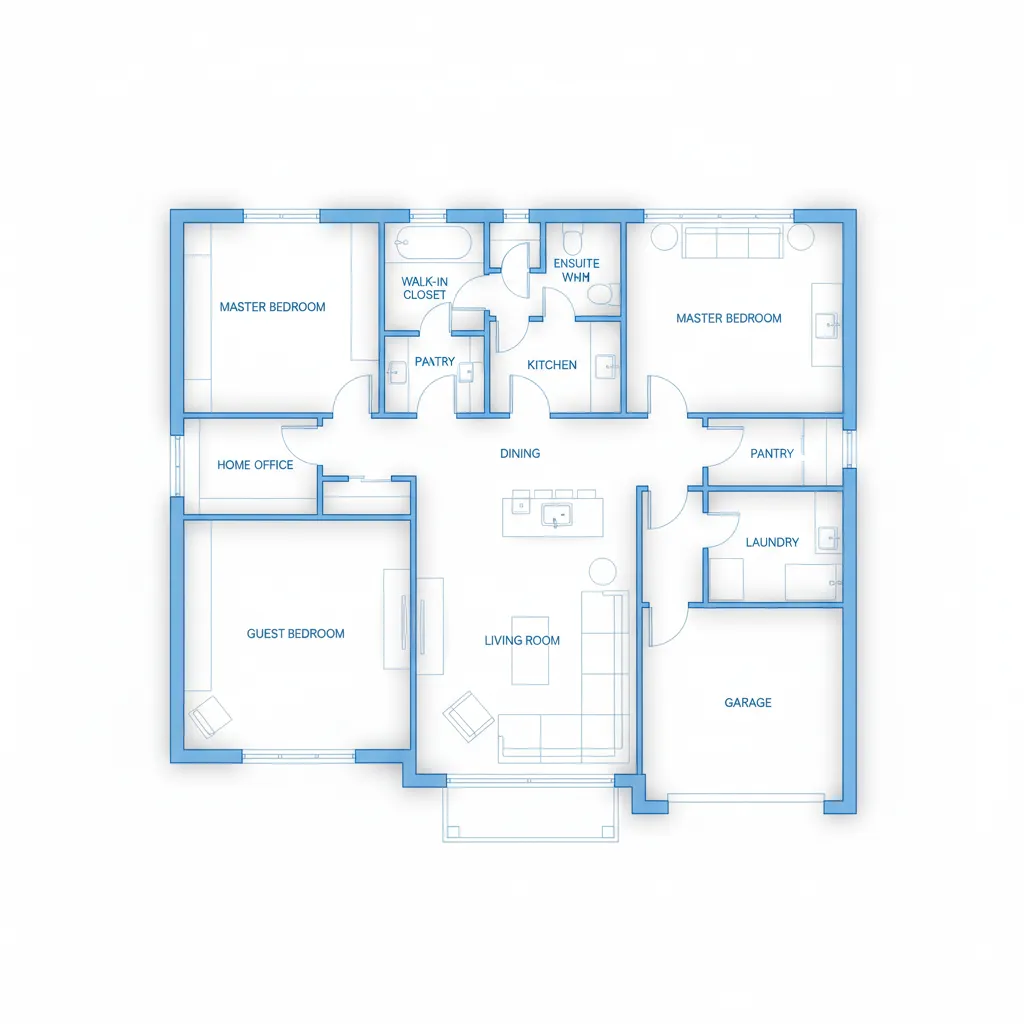 Plano arquitectónico de una vivienda con habitaciones y circulación señaladas