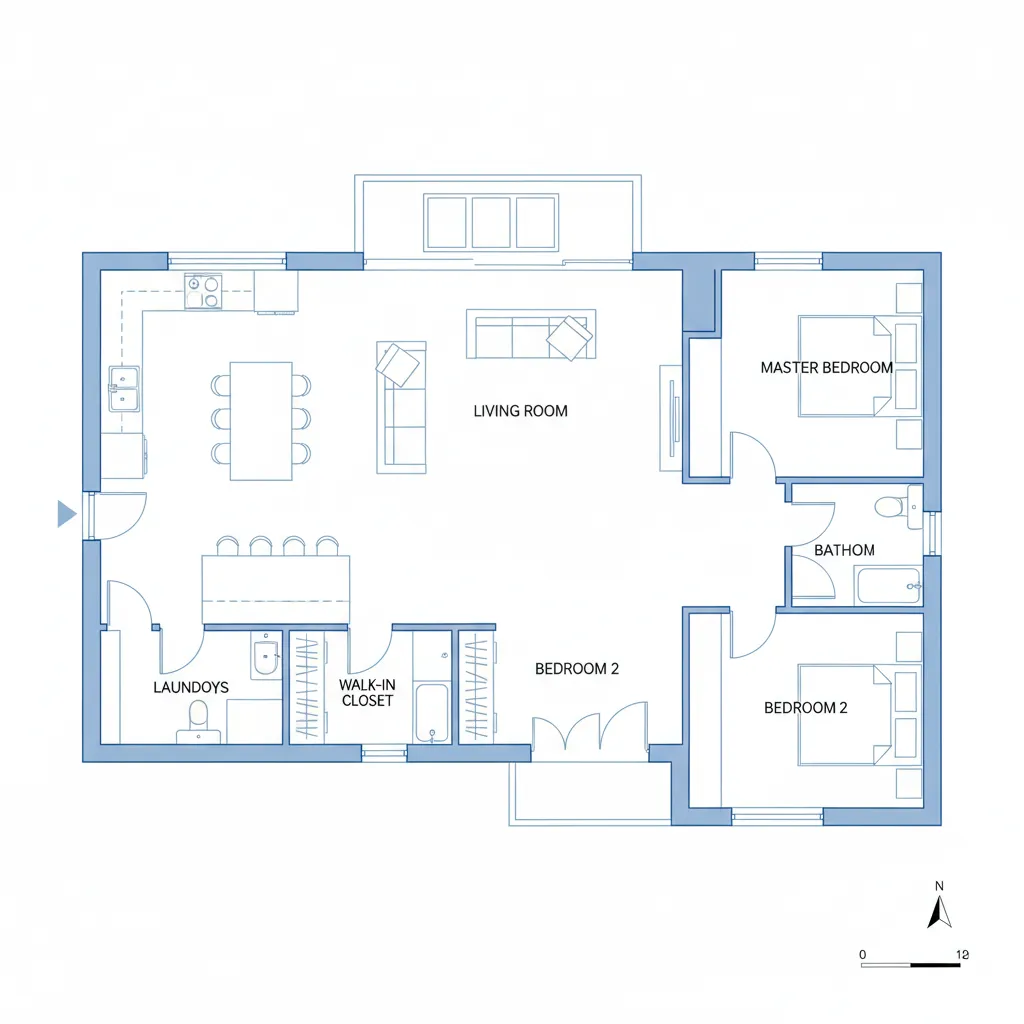 Plano arquitectónico simple de una vivienda con salón cocina dormitorios y baño