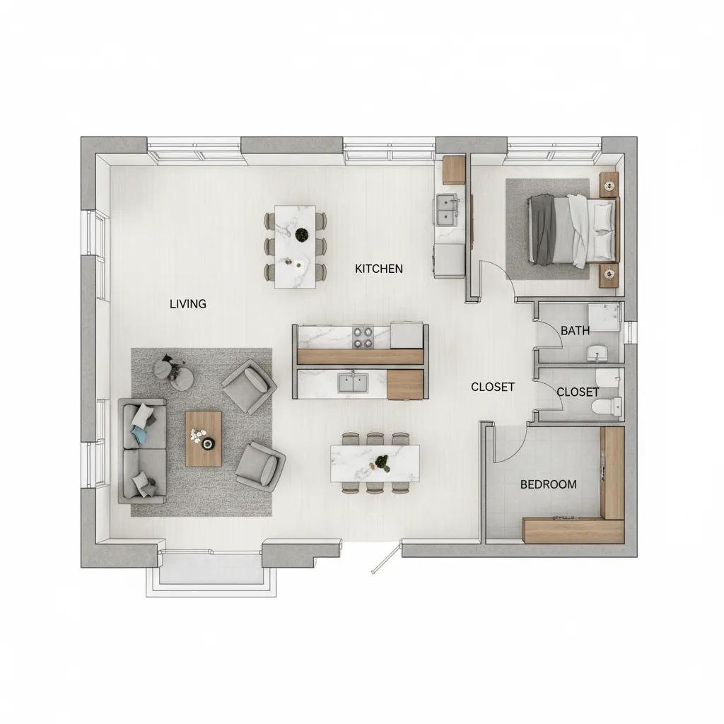 Plano de planta de una casa con distribución de habitaciones