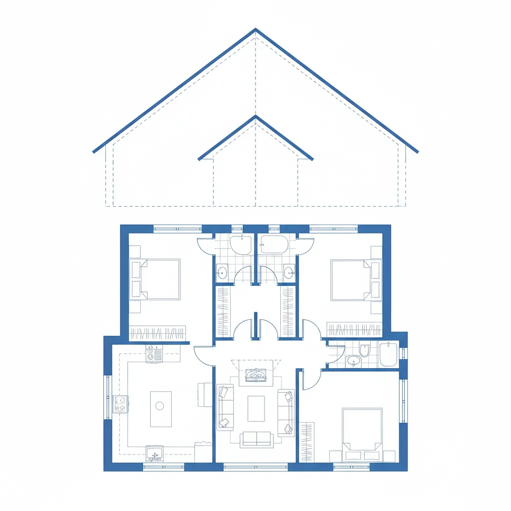 Plano arquitectónico de una casa con techo a dos aguas