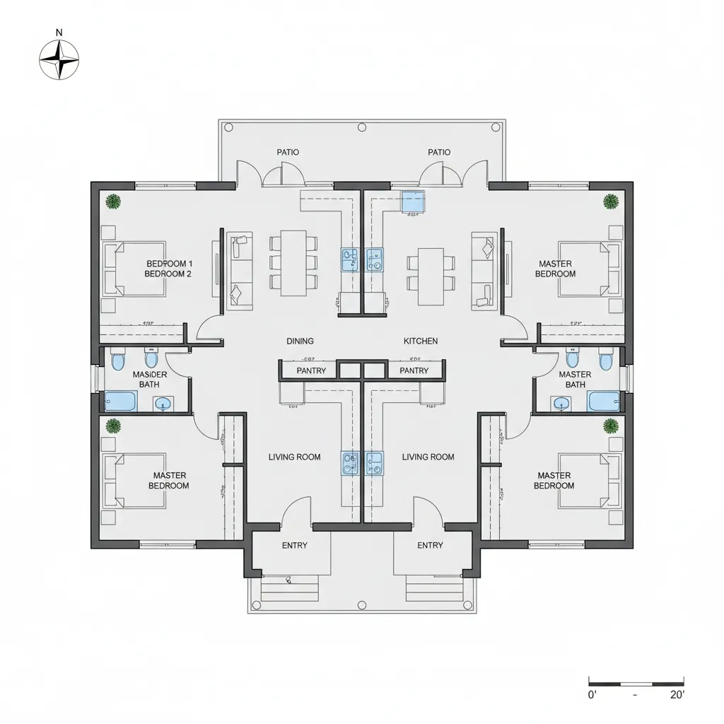 Symmetric house floor plan for two families featuring living rooms kitchens bedrooms and outdoor patios