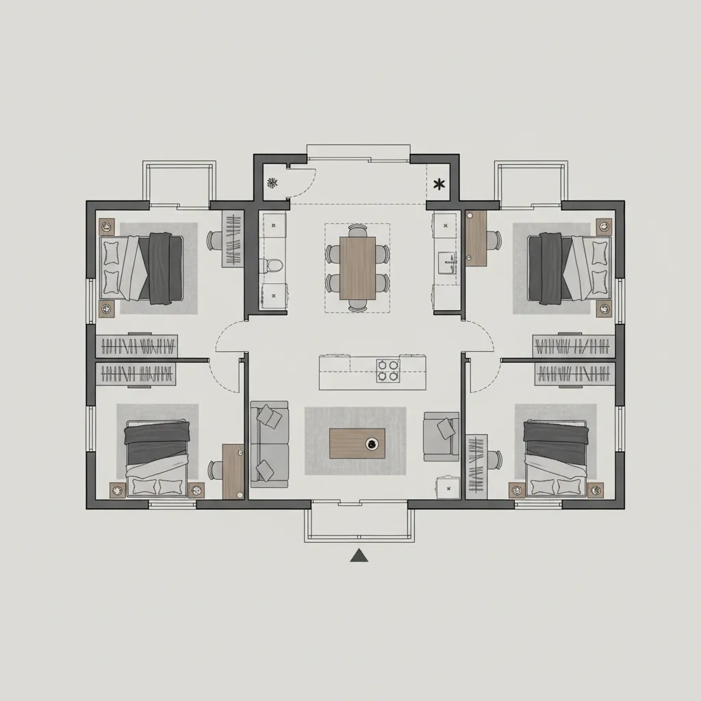 2D floor plan showing two bedrooms living area kitchen dining space and bathroom with furniture layout