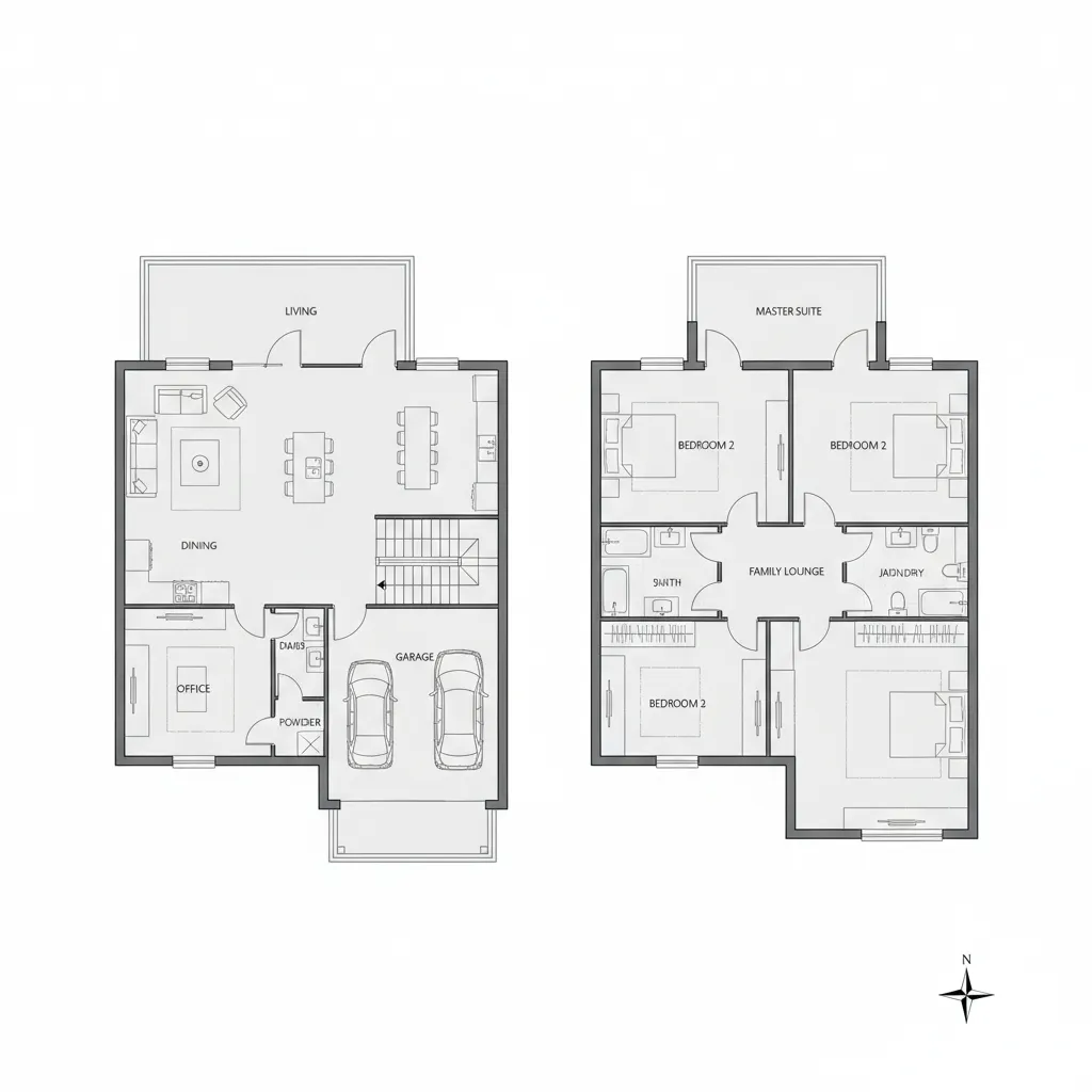 Plano arquitectónico de casa de dos pisos con distribución funcional