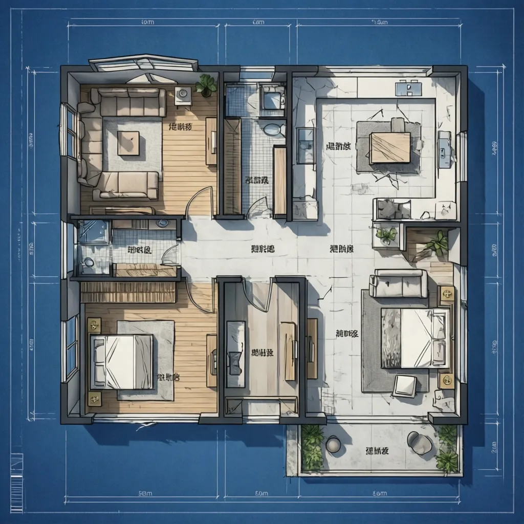 Detailed hand drawn floor plan showing two bedrooms living room kitchen and bathroom with furniture layout