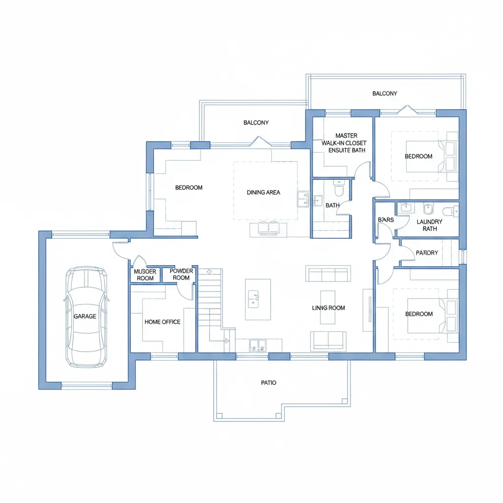 Plano arquitectónico de una casa de dos pisos con distribución clara