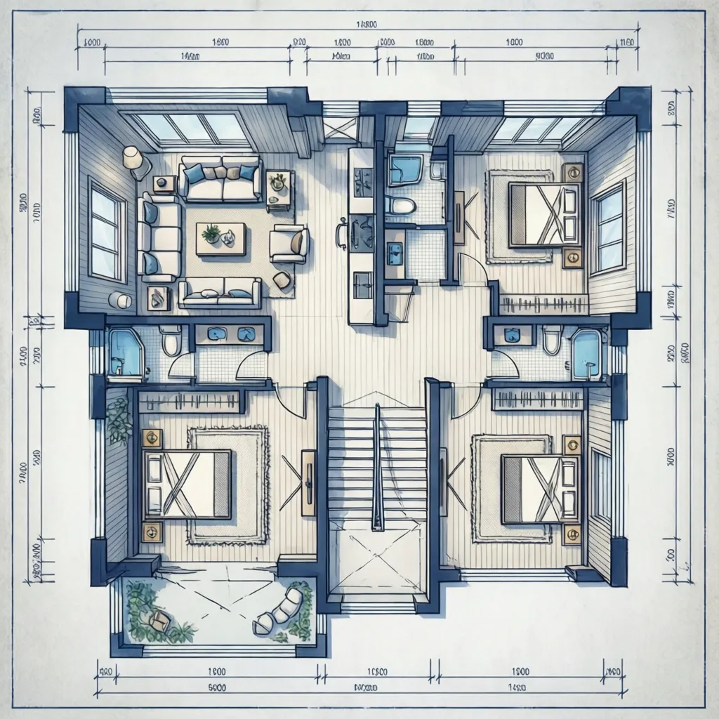 Plano arquitectónico de una casa de dos pisos con distribución de habitaciones