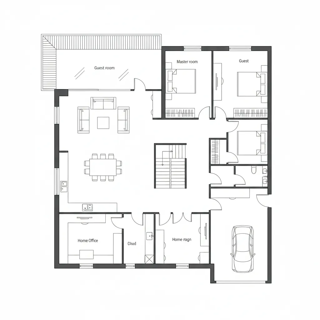 Plano conceptual de casa de dos pisos con balcón en el segundo nivel
