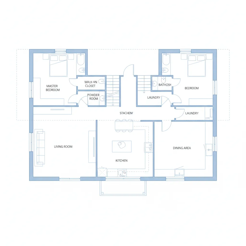 Interior design drawing of a two bedroom apartment layout showing living room and kitchen area