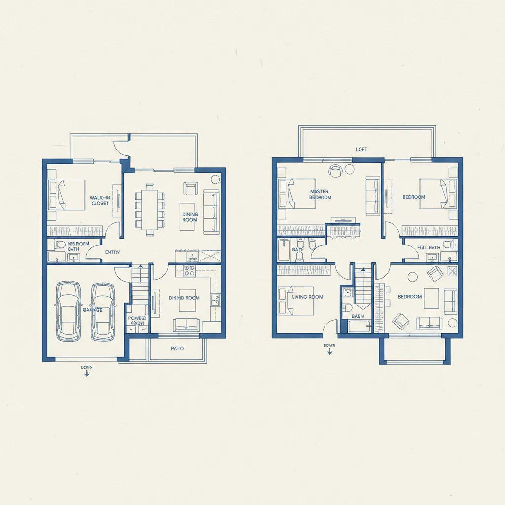 Two story floor plan drawing showing garage living room bedrooms dining area and outdoor patio space