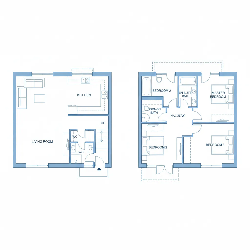 Two floor house plan showing living room kitchen three bedrooms and bathrooms on white background