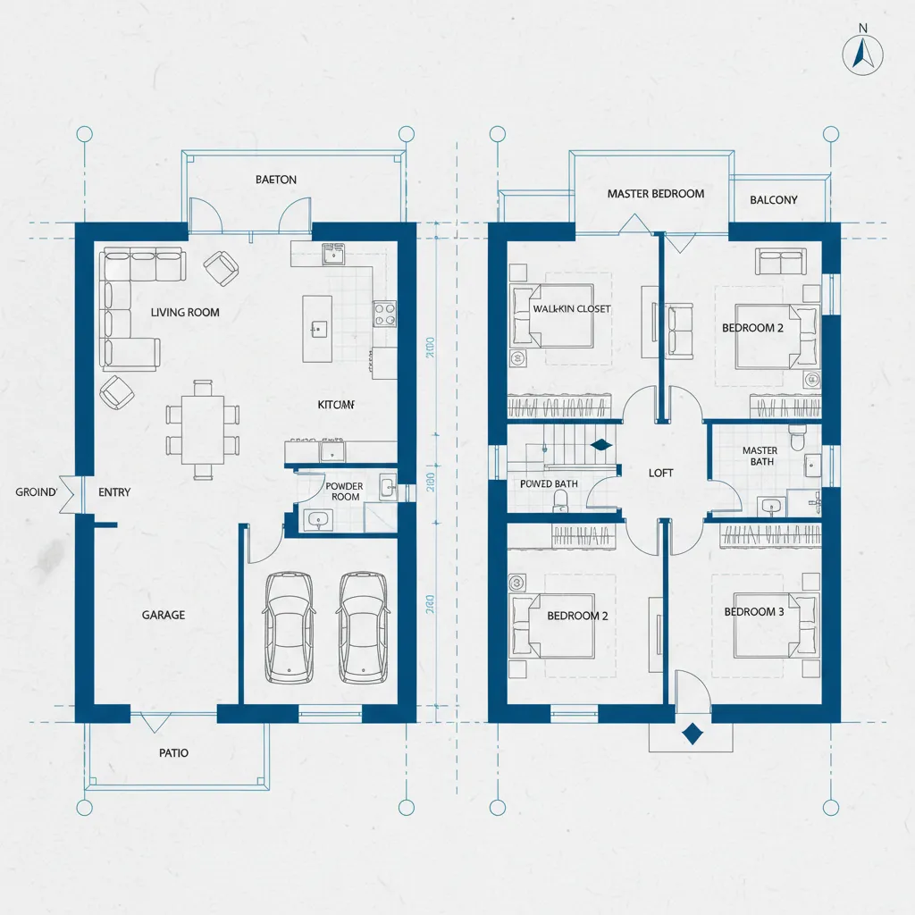 Plano arquitectónico de una casa de dos pisos mostrando distribución de espacios