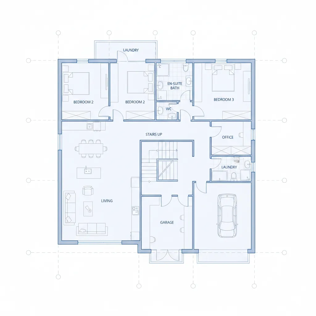 Blue floor plan design showing three bedrooms living room office laundry stairs and a garage