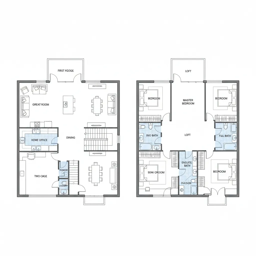 Plano arquitectónico de casa de dos pisos con distribución clara