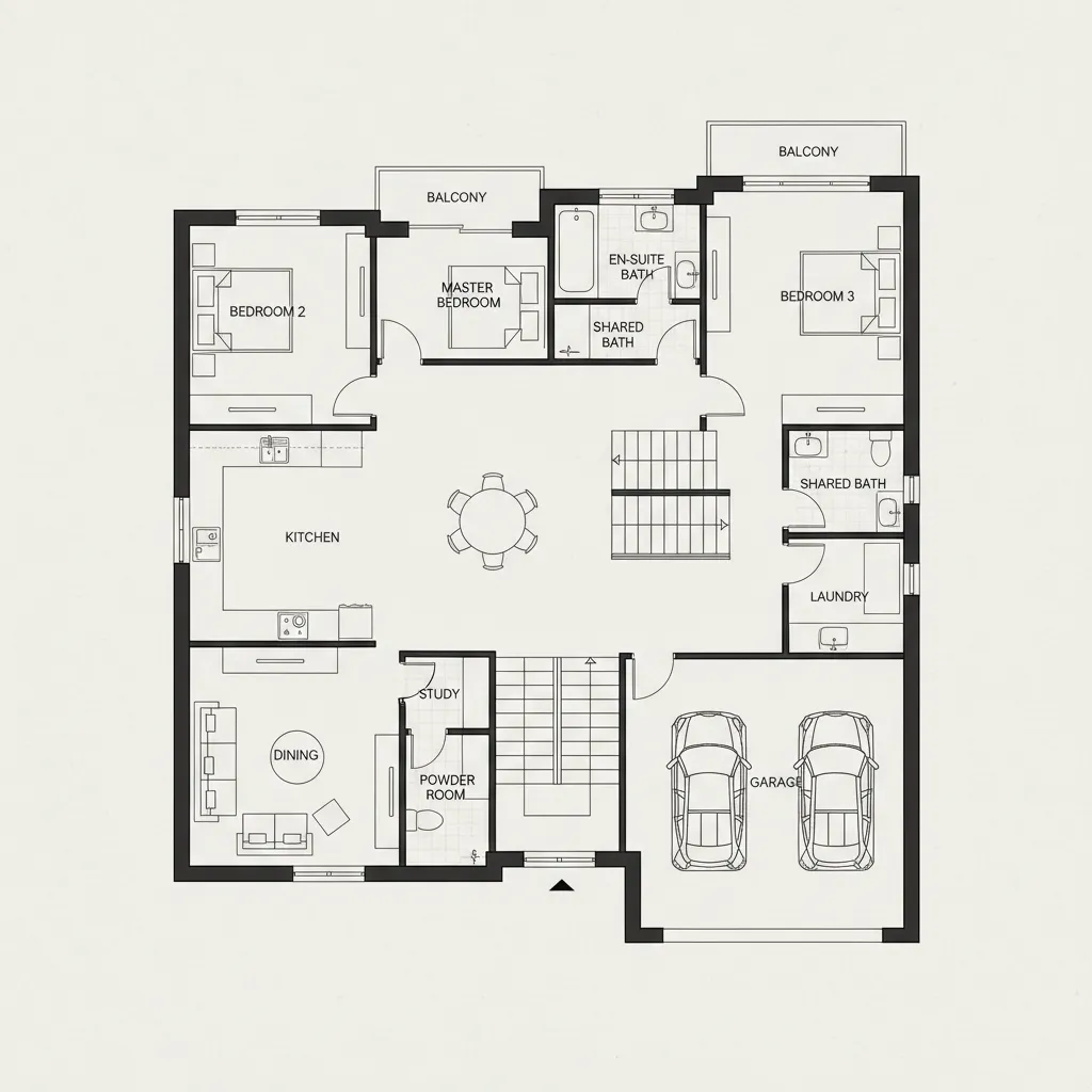 Plano arquitectónico de una casa de dos pisos con distribución funcional