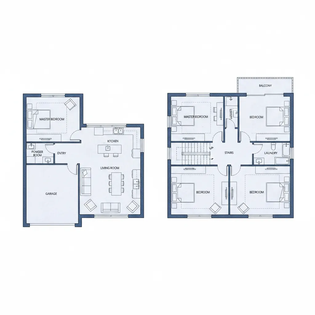 Plano arquitectónico de una casa de dos pisos con distribución funcional