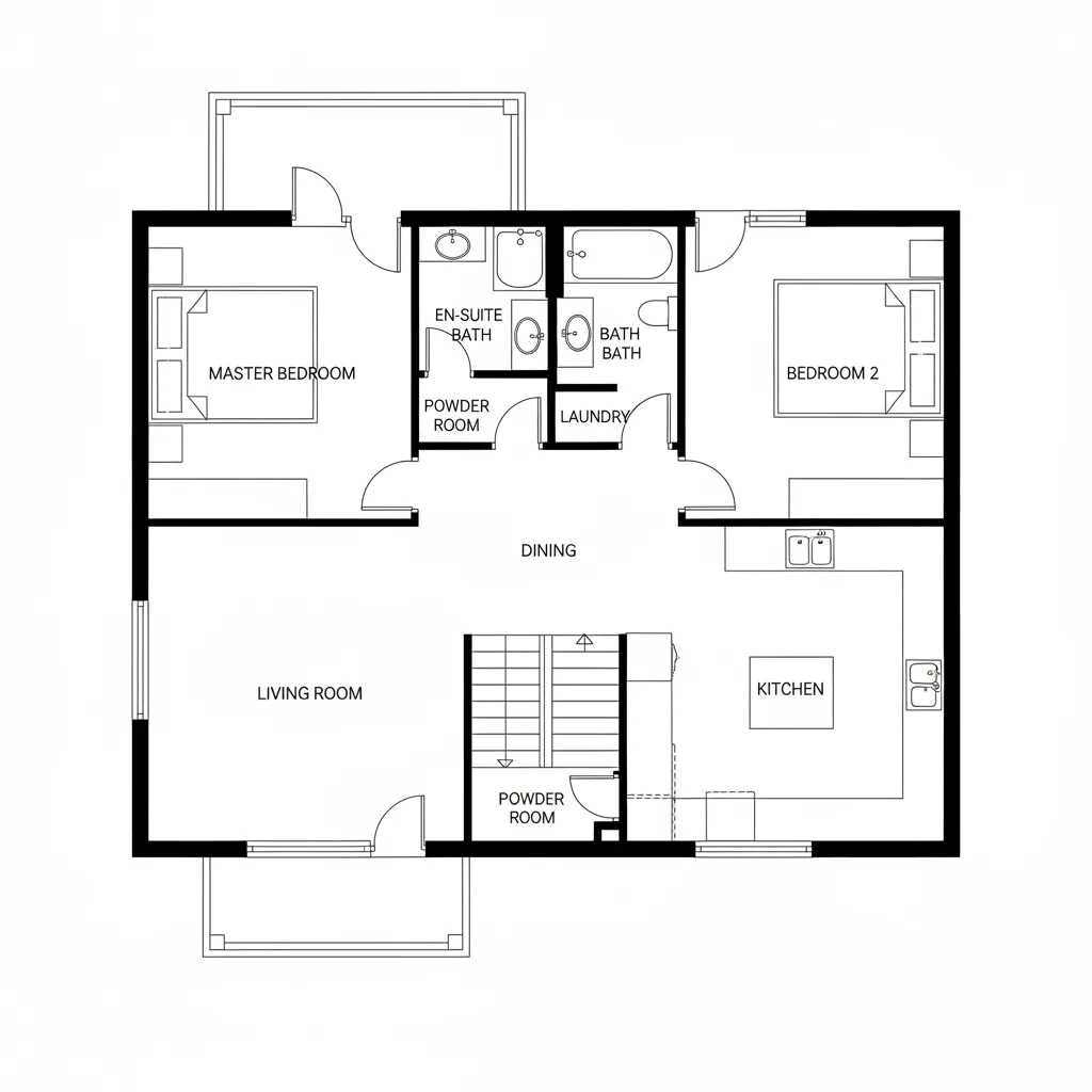 Plano arquitectónico sencillo de una casa de dos pisos
