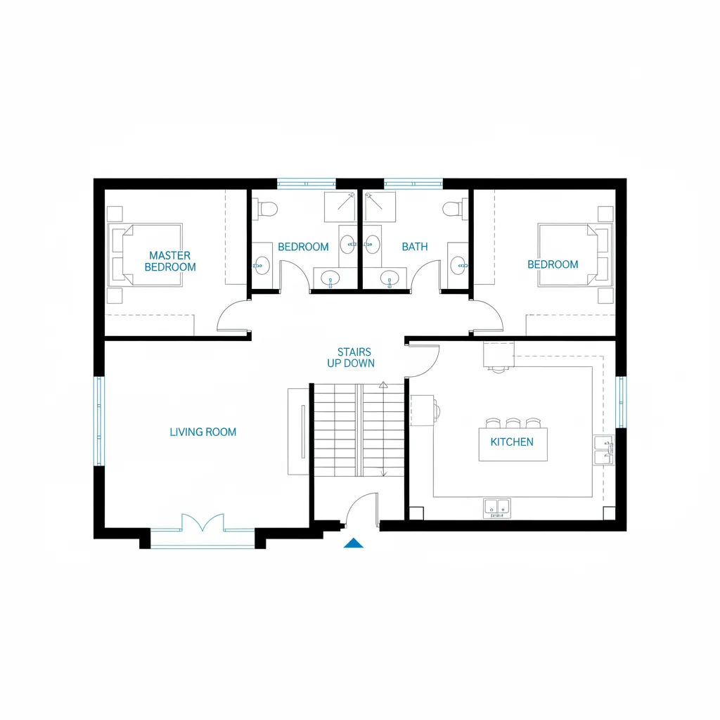 Plano arquitectónico simple de una casa de dos pisos con distribución clara