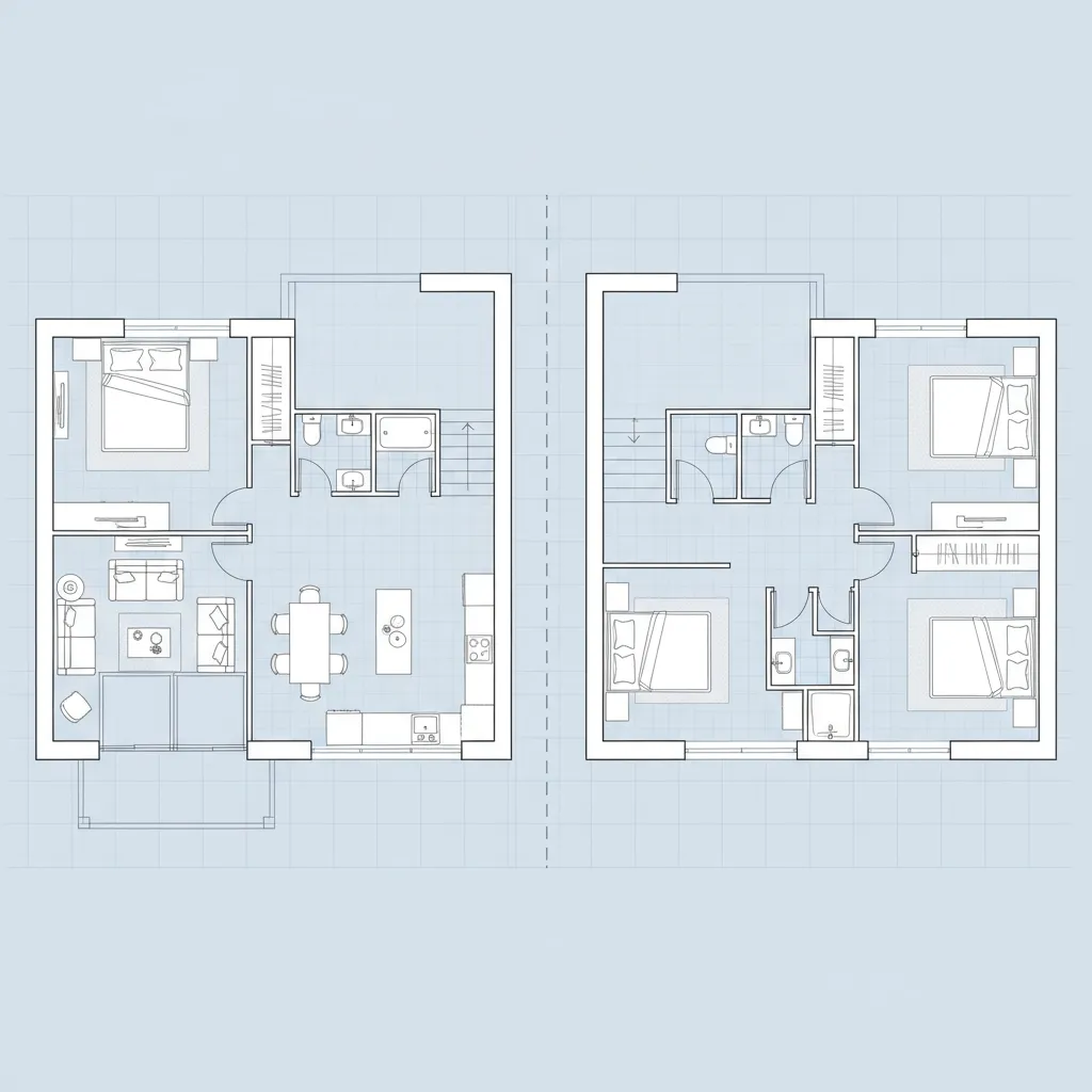 Plano arquitectónico de casa moderna de dos plantas