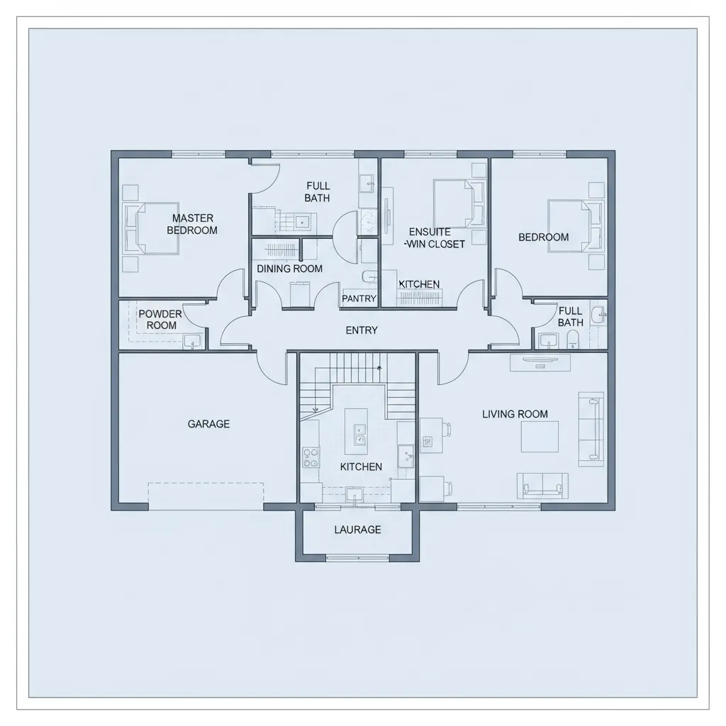Plano arquitectónico de una casa de dos plantas con distribución funcional