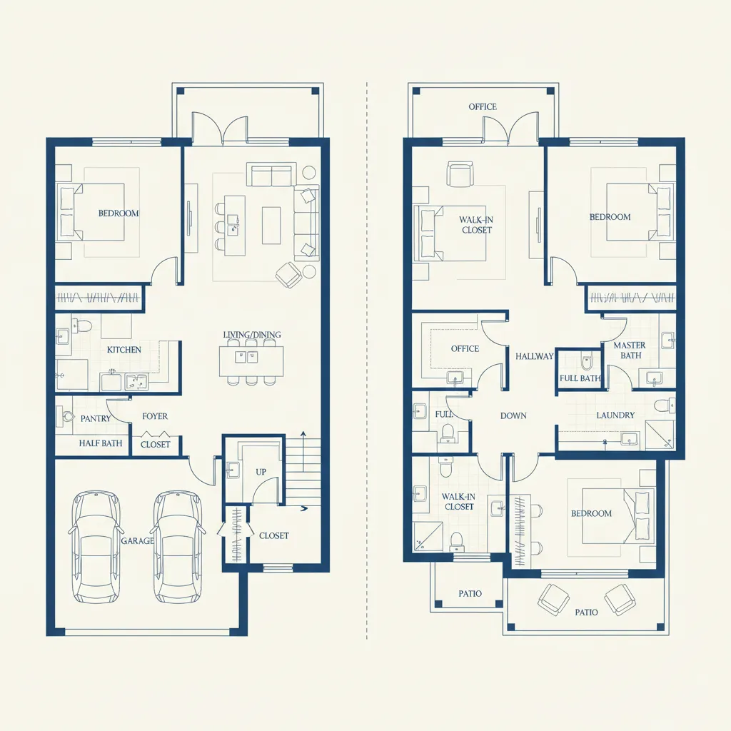 Plano arquitectónico de una casa moderna de dos plantas