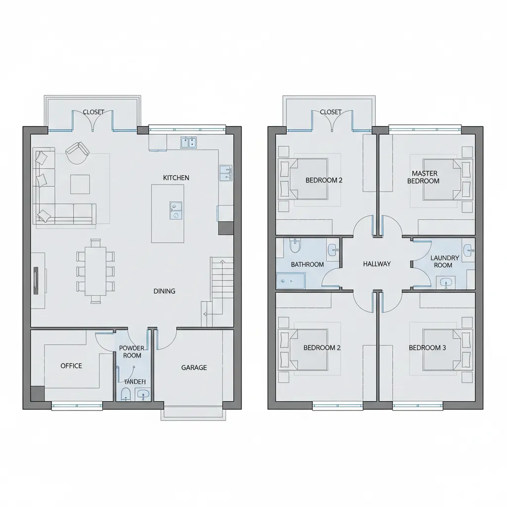 Plano conceptual de casa de dos plantas con distribución moderna