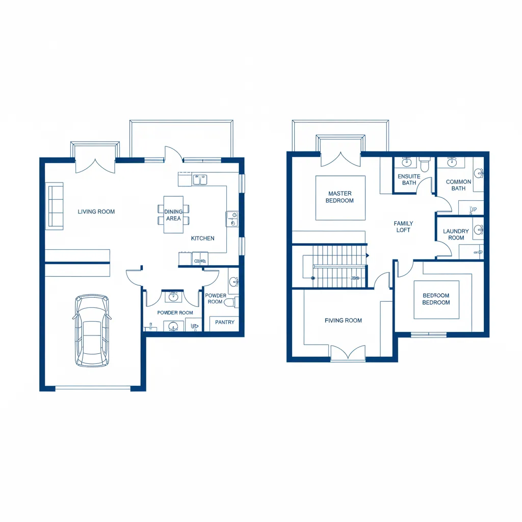 Plano arquitectónico de una casa de dos plantas con distribución clara
