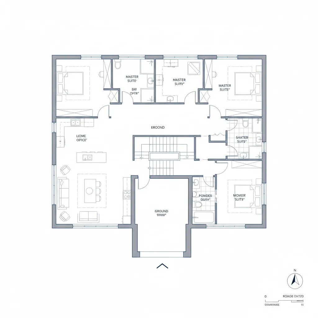 Detailed house room layout showing four bedrooms with bathrooms and a large living and kitchen