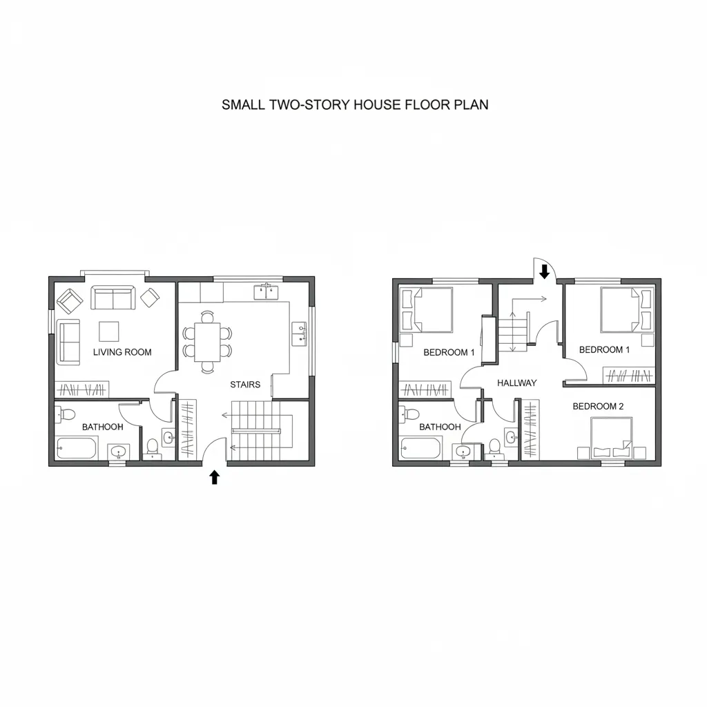 Plano arquitectónico simple de una casa económica de dos plantas